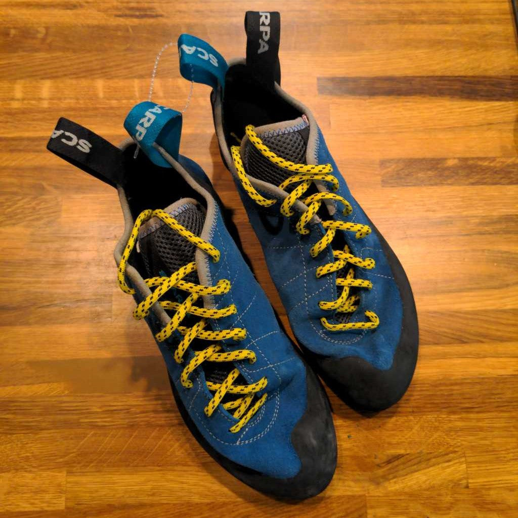 Scarpa Climbing Shoes Blue with Yellow Laces